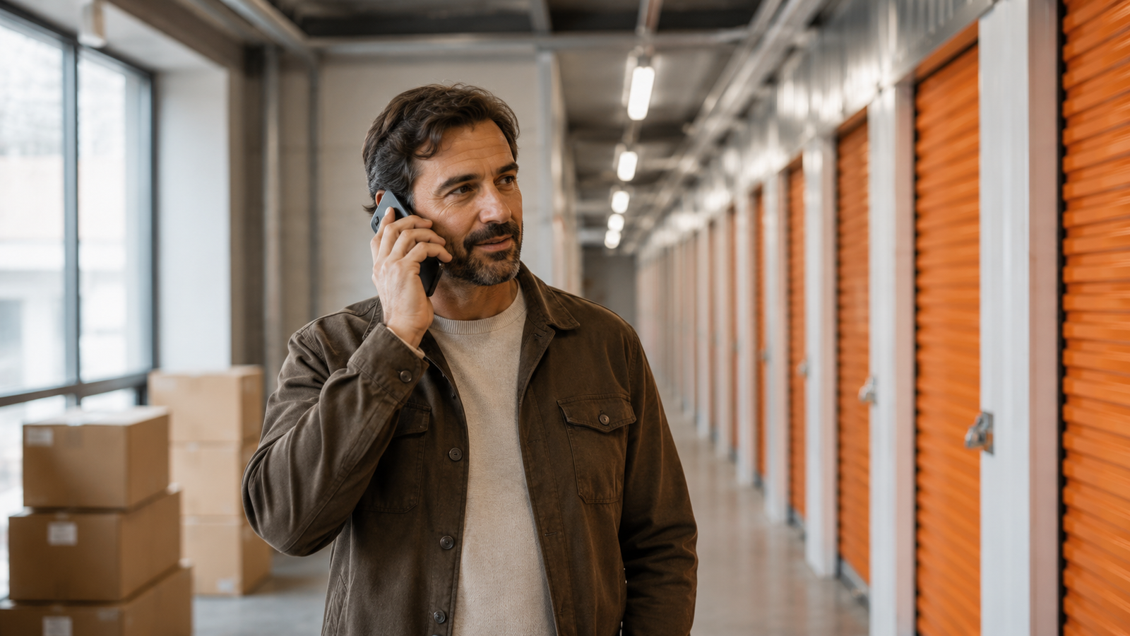 Empresario profesional de unos 40 años dentro de una instalación de trasteros moderna